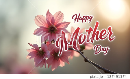 Happy Mother's Day floral illustration with pink flowers and blurred background 127491574