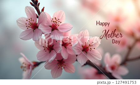 Delicate Pink Cherry Blossoms with Happy Mother's Day Message in Soft Focus 127491753
