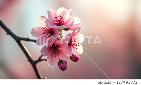 Delicate pink cherry blossoms bloom on a branch in soft, dreamy light Delicate pink cherry blossoms bloom on a branch in soft, dreamy light 127491772