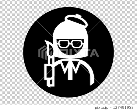 一個圓形的簡單的單色輪廓插圖圖標，上面畫著一位畫家拿著畫筆 127491958