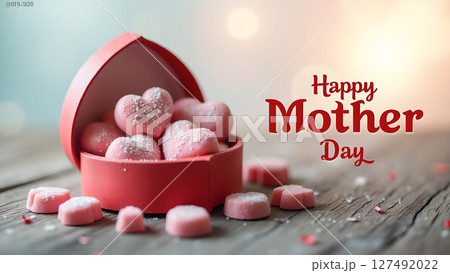 Heart Shaped Chocolates for Mother's Day Celebration on Wooden Surface 127492022