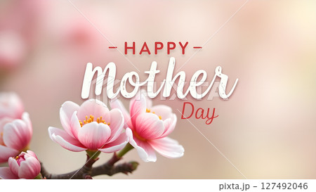 Happy Mother's Day Celebration with Pink Flowers and Delicate Pastel Background 127492046