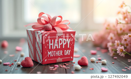 Elegant mother's day gift box with floral decoration in soft pastel tones Elegant mother's day gift box with floral decoration in soft pastel tones 127492049