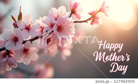 Happy Mother's Day greeting with delicate pink cherry blossom branch 127492050