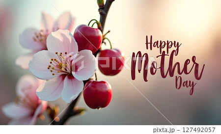 Delicate Blossom and Red Cherries with 'Happy Mother's Day' Greeting Display 127492057