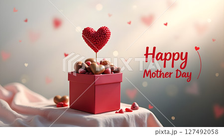 Happy Mother's Day Gift: Heart-Shaped Candy Box Surrounded by Festive Hearts Happy Mother's Day Gift: Heart-Shaped Candy Box Surrounded by Festive Hearts 127492058
