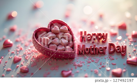 Heartfelt Mother's Day: Candy hearts in a heart-shaped box with celebratory message Heartfelt Mother's Day: Candy hearts in a heart-shaped box with celebratory message 127492197