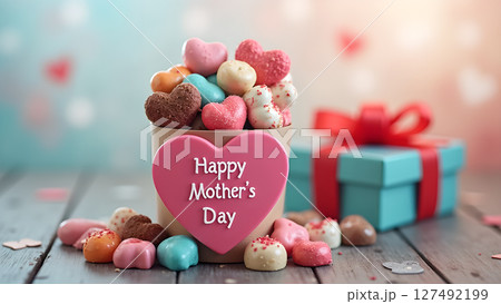 Charming Mother's Day Dessert Arrangement with Gift Box and Heart Accents Charming Mother's Day Dessert Arrangement with Gift Box and Heart Accents 127492199
