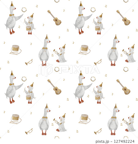 Geese musicians watercolor pattern, notes, musical instruments guitar, drum, trumpet. Hand drawn illustration. Seamless print in children's style, background for design textiles, fabrics, wallpaper 127492224