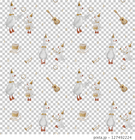 Geese musicians watercolor pattern, notes, musical instruments guitar, drum, trumpet. Hand drawn illustration. Seamless print in children's style, background for design textiles, fabrics, wallpaper 127492224