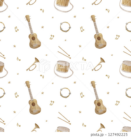 Watercolor pattern musical instruments, guitar, drum, trumpet notes. Illustration hand drawn in children's style. Seamless print isolated background for textile design, fabric, wallpaper, packaging 127492225