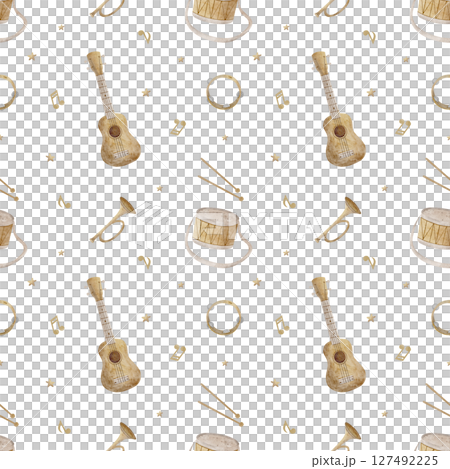 Watercolor pattern musical instruments, guitar, drum, trumpet notes. Illustration hand drawn in children's style. Seamless print isolated background for textile design, fabric, wallpaper, packaging 127492225