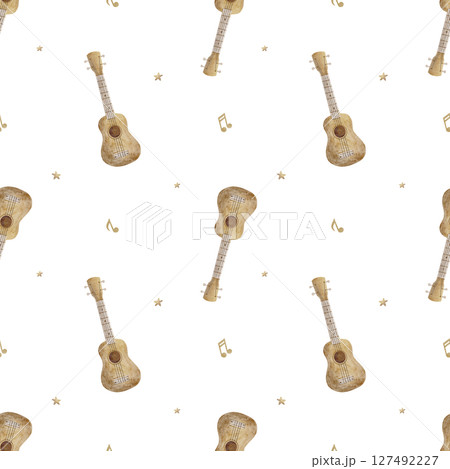 Pattern vintage guitar, balalaika, stars notes beige, watercolor illustration hand drawn. Seamless print in children's style on isolated background textile, fabric, wallpaper nursery packaging clothes 127492227
