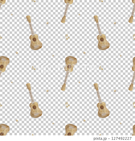 Pattern vintage guitar, balalaika, stars notes beige, watercolor illustration hand drawn. Seamless print in children's style on isolated background textile, fabric, wallpaper nursery packaging clothes 127492227
