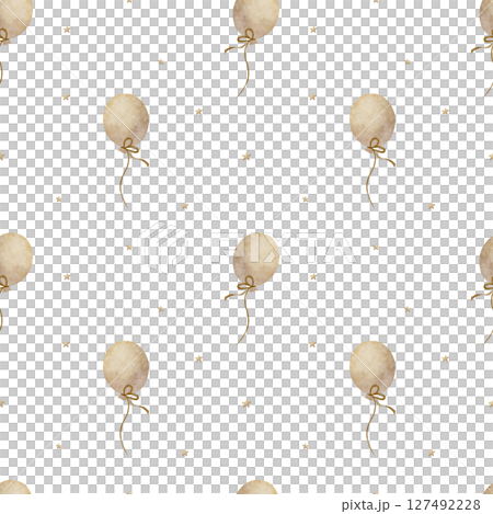 Pattern air balloon beige, watercolor illustration hand drawn. Seamless print in vintage style on isolated background design children's textiles fabrics, wallpapers nursery, packaging clothes postcard 127492228