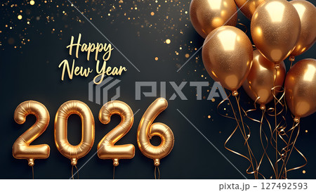 Elegant 2026 New Year Celebration with Golden Balloons and Glittering Confetti Design Elegant 2026 New Year Celebration with Golden Balloons and Glittering Confetti Design 127492593