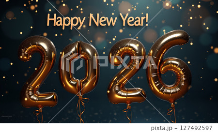 Festive Happy New Year 2026 celebration background with golden balloon digits Festive Happy New Year 2026 celebration background with golden balloon digits 127492597