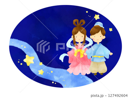 七夕の夜に出会う織姫と彦星の水彩イラスト 127492604