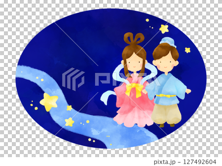 七夕の夜に出会う織姫と彦星の水彩イラスト 127492604