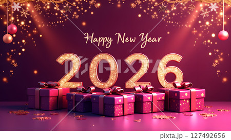 Festive 2026 New Year Celebration with Gifts and Golden Sparkle Design Festive 2026 New Year Celebration with Gifts and Golden Sparkle Design 127492656