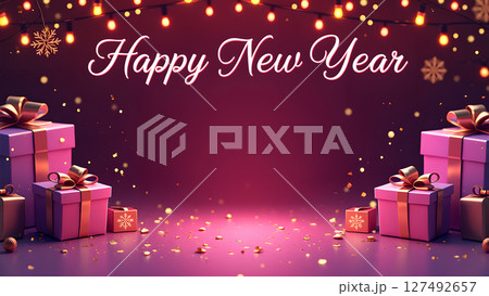 Festive Happy New Year backdrop with glittering lights and gift boxes display Festive Happy New Year backdrop with glittering lights and gift boxes display 127492657