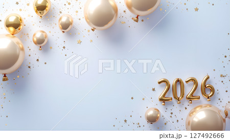 Elegant 2026 Celebration Background with Golden Balloons and Sparkling Confetti Elegant 2026 Celebration Background with Golden Balloons and Sparkling Confetti 127492666