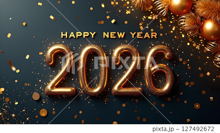 Elegant Happy New Year 2026 Celebration with Golden Decorations and Festive Confetti 127492672