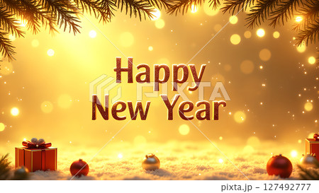 Festive Happy New Year Background with Presents, Ornaments, and Golden Lights Festive Happy New Year Background with Presents, Ornaments, and Golden Lights 127492777