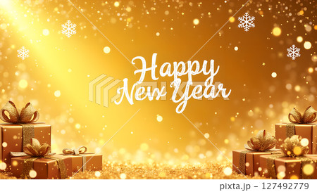 Golden happy new year background with gifts and glittering decorations Golden happy new year background with gifts and glittering decorations 127492779