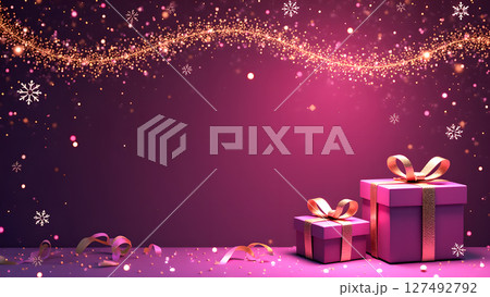 Elegant christmas gifts with shiny snowflakes, and festive sparkles background 127492792