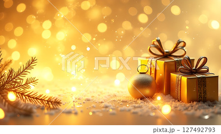 Elegant christmas gifts with golden bokeh background for festive season 127492793