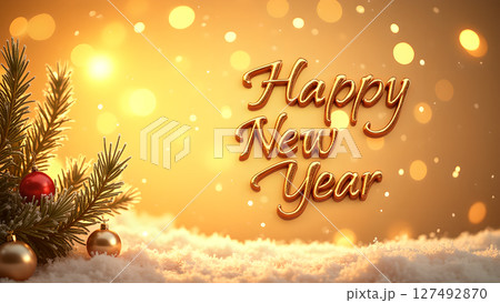 Festive Happy New Year greeting with golden text and christmas tree decorations Festive Happy New Year greeting with golden text and christmas tree decorations 127492870
