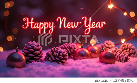 Festive Happy New Year Scene with Pine Cones and Christmas Ornaments in Snow Festive Happy New Year Scene with Pine Cones and Christmas Ornaments in Snow 127492876