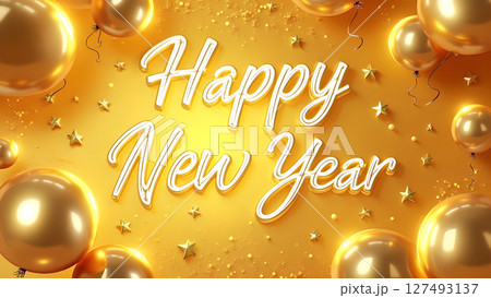 Festive golden happy new year celebration with balloons and star confetti 127493137