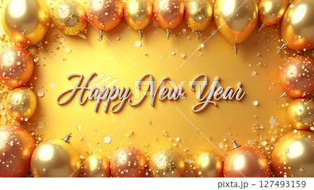 Elegant happy new year background with gold balloons and confetti celebration Elegant happy new year background with gold balloons and confetti celebration 127493159