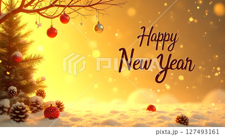 Festive Happy New Year Scene with Decorated Christmas Tree and Snowy Landscape Festive Happy New Year Scene with Decorated Christmas Tree and Snowy Landscape 127493161