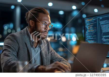 IT企業で活躍する男性プログラマーの仕事シーン IT企業で活躍する男性プログラマーの仕事シーン 127493395