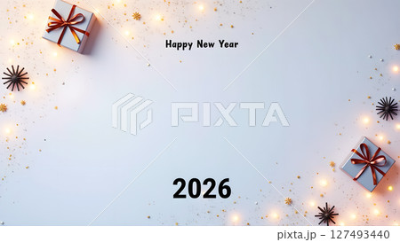 Festive New Year 2026 Celebration Background with Gifts and Glittering Lights Festive New Year 2026 Celebration Background with Gifts and Glittering Lights 127493440