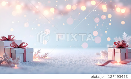 Magical Christmas gifts background with snow and blurred lights adding festive cheer 127493458