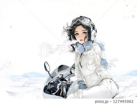 スポーツバイクで冬ツーリングをする女性ライダーのイラスト素材 127493862