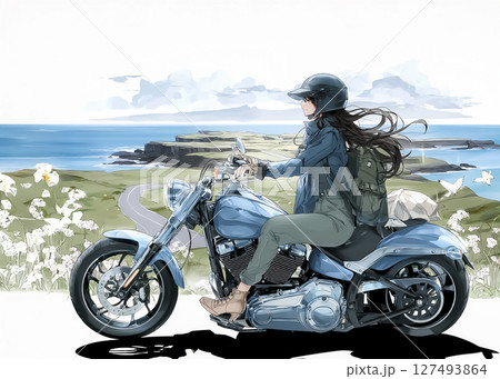 大型クルーザーバイクで海を見に来た女性のイラスト素材 127493864