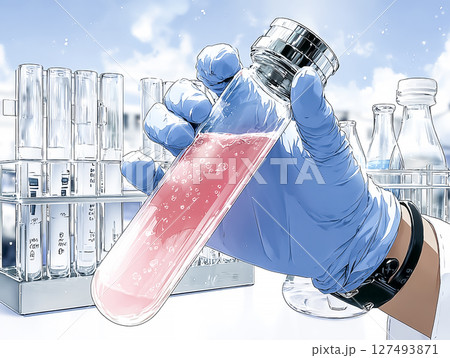 人工血液の入った試験管を持つ手のイラスト素材 127493871