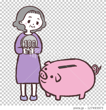Illustration of a senior woman holding money in front of a piggy bank 127493973