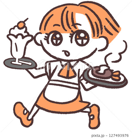 料理を運ぶウェイトレスのポップなイラスト 127493976