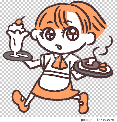 料理を運ぶウェイトレスのポップなイラスト 127493976