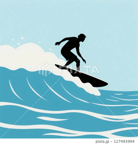 夏の海でサーフィンを楽しむ男性のシルエットイラスト 夏の海でサーフィンを楽しむ男性のシルエットイラスト 127493994
