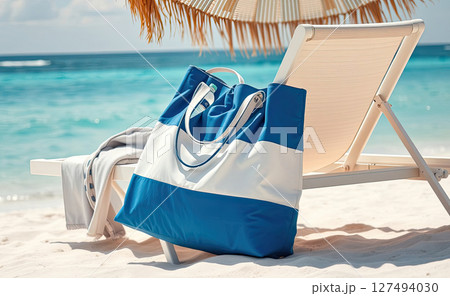 On a white lounger a blue and white large bag with a bottle of water,beach rubber shoes,vacation by the ocean on a private clean beach with turquoise water,hot sunny day,texture of fine white sand 127494030
