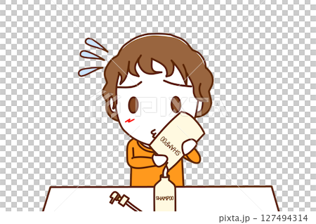 （上半身正面）名前の無い家事・シャンプーが無くなったので詰め替えをボトルに注ぐ白人少年 127494314