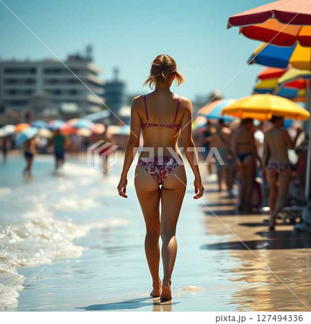賑わう海辺を歩くビキニ姿の女性 賑わう海辺を歩くビキニ姿の女性 127494336