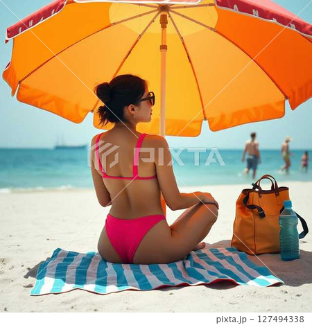 パラソルの下で海を見つめる夏の午後 パラソルの下で海を見つめる夏の午後 127494338